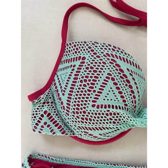 Apollo Swim Bikini Swimsuit Color Block Mesh Plunge Swimwear - Picture 2 of 11